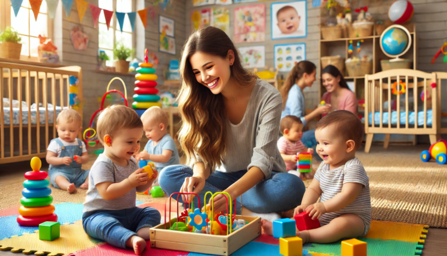 daycare worker playing with infants