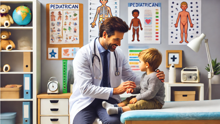 pediatrician diagnosing and treating a child